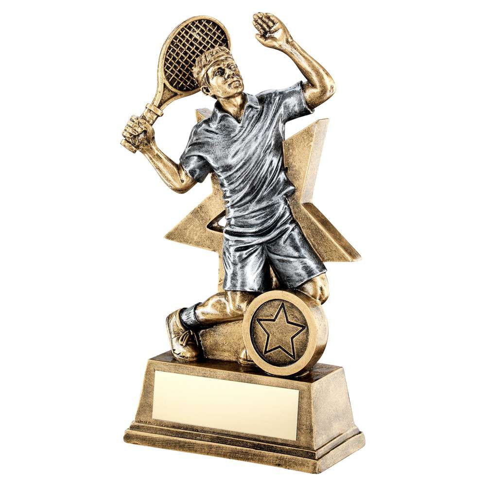 1in Centre 6in Brz/Gold/Pew Male Darts Figure With Star Backing Trophy 